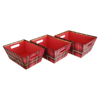 Christmas Tartan Hamper Basket Tray Set Of 3 Nested Gift Boxes DIY at B&Q
