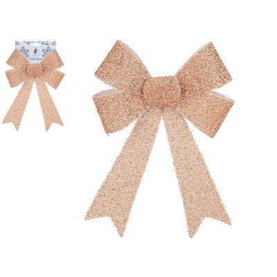 Christmas Tinsel Bow Rose Gold Glitter 22cm
