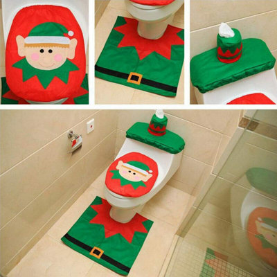 Christmas Toilet Seat Cover And Rug Set - 3-Piece Bathroom Decor With Toilet Mat & Lid Cover For Holiday Home Decorating