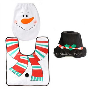Christmas  Toilet Seat Cover and Mat Bathroom Set Xmas Home Decor Party Accessories 3pcs, White Snowman