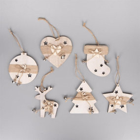 Christmas Tree Ornaments Wooden Aesthetic Hanging Decorations set of 6 pcs with Bells Xmas DIY Holiday Home DEcor