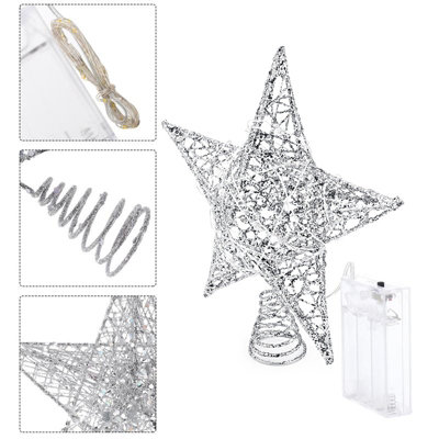 Christmas Tree Silver Star Topper Decoration with LED Lights