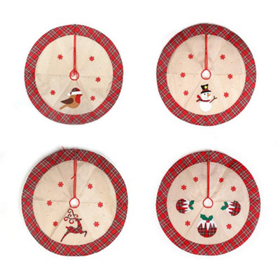 Christmas Tree Skirt Snowflakes Printed Pattern Burlap Hessian Linen Xmas Tree Base Cover Floor Mat Holiday Home Deco