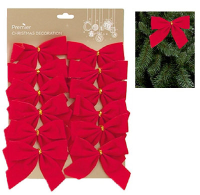 Christmas Tree Velvet Bows Red Decoration - 12 Pack - 12cm