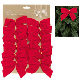 Christmas Tree Velvet Bows Red Decoration - 12 Pack - 12cm