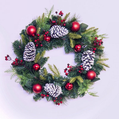 Christmas Tree World 50cm Decorated Mixed Pine Wreath with Red Baubles