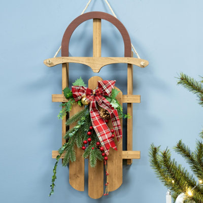 Christmas Tree World 70cm Decorative Wooden Sled With Tartan Bow