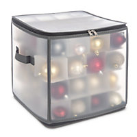 CHRISTMAS VILLAGE 64 Baubles Storage Box - Clear Box for Holiday & Tree Decorations Storage Box with Zip & Handle - Clear/Black