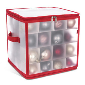 CHRISTMAS VILLAGE 64 Baubles Storage Box - Clear Box for Holiday & Tree Decorations Storage Box with Zip & Handle - Clear/Red