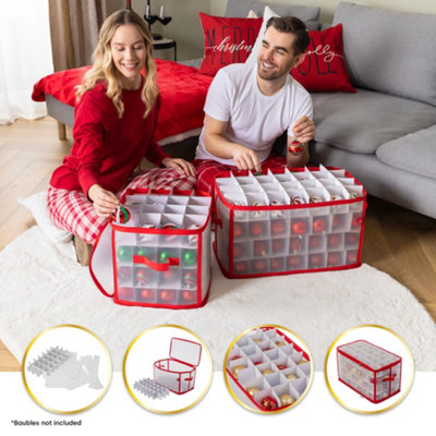 CHRISTMAS VILLAGE Christmas Bauble Storage Box With Dividers 112 Compartments Xmas Decorations Storage Container w Pull