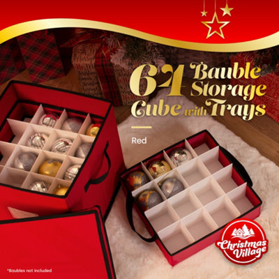 CHRISTMAS VILLAGE Christmas Bauble Storage Box With Dividers, 64-Compartments Xmas Decorations Storage Container w/ Pull Out Tray