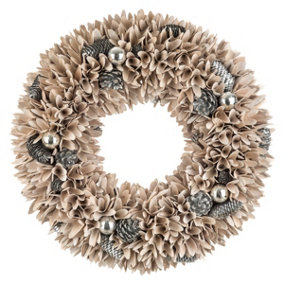 CHRISTMAS VILLAGE Christmas Festive Wreath - Christmas Wreath for Front Door, Home Decoration, Cones & Baubles - Silver/58cm