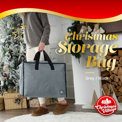 CHRISTMAS VILLAGE Christmas Wreath Storage Bag - Durable Carry Handles, Fits your Decorations, Gifts, Lights & Baubles - Grey