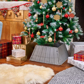 CHRISTMAS VILLAGE Hand Woven Willow Christmas Tree Skirt - Rustic Natural Handmade Material, Xmas Wicker Rattan Tree Stand - Grey