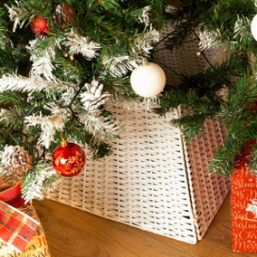 CHRISTMAS VILLAGE Hand Woven Willow Christmas Tree Skirt - Rustic Natural Handmade Material, Xmas Wicker Rattan Tree Stand - White