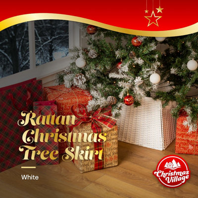 CHRISTMAS VILLAGE Hand Woven Willow Christmas Tree Skirt - Rustic Natural Handmade Material, Xmas Wicker Rattan Tree Stand - White