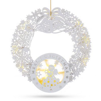 CHRISTMAS VILLAGE Large Hanging Wooden Wreath Christmas Decoration Light - Outdoor Animated Silhouette w/ 13 Xmas LED lights Price Comparisons | Compare The Build