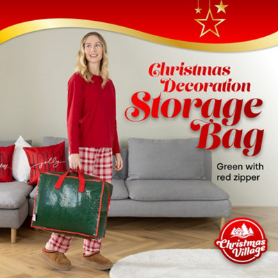CHRISTMAS VILLAGE Medium Christmas Storage Bag - Durable Carry Handles, Fits your Decorations, Gifts, Lights & Baubles - Green