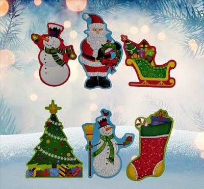 Christmas Wall Decorations 6 Cute Santa Snowman Tree Stocking Glitter Card Decorations