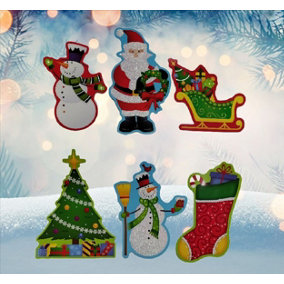 Christmas Wall Decorations 6 Cute Santa Snowman Tree Stocking Glitter Card Decorations
