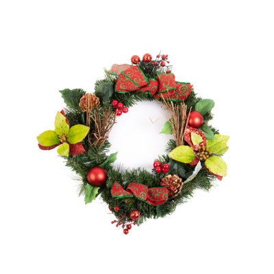 Christmas Wreath With Ribbons Baubles And Poinsettia