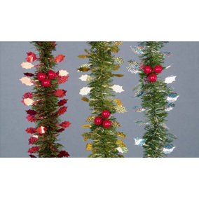 Christmas Xmas Tinsel Garland And Holly 2.7 Meter Long Varies Designs