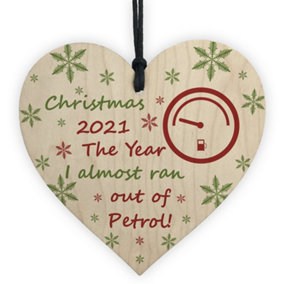 Christmas Year Of No Petrol Wood Heart Tree Decoration Hanging Bauble Funny Gift