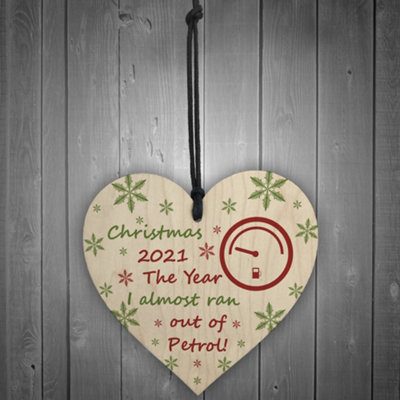 Christmas Year Of No Petrol Wood Heart Tree Decoration Hanging Bauble Funny Gift