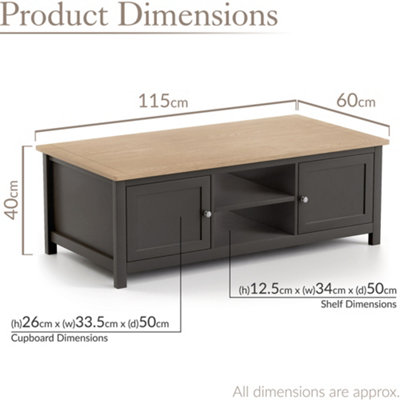 Christow Coffee Table Oak-Effect Top Cupboards & Shelves Charcoal H40cm x W115cm x D60cm