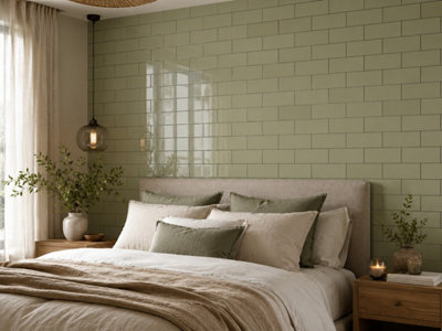 Chromara Olive Green Gloss Ceramic Wall Tiles (150 Pack- 3 Box- 2.91m2 Coverage)-Shower-9.8cm x 19.8cm-Colour Meets Design