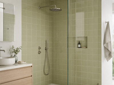 Chromara Olive Green Gloss Ceramic Wall Tiles (38 Pack- 1 Box- 0.83m2 Coverage)-Bathroom-14.8cm x 14.8cm-Colour Meets Design