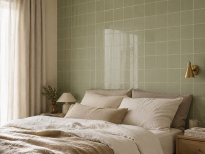 Chromara Olive Green Gloss Ceramic Wall Tiles (38 Pack- 1 Box- 0.83m2 Coverage)-Bathroom-14.8cm x 14.8cm-Colour Meets Design