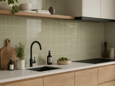 Chromara Olive Green Gloss Ceramic Wall Tiles (38 Pack- 1 Box- 0.83m2 Coverage)-Bathroom-14.8cm x 14.8cm-Colour Meets Design