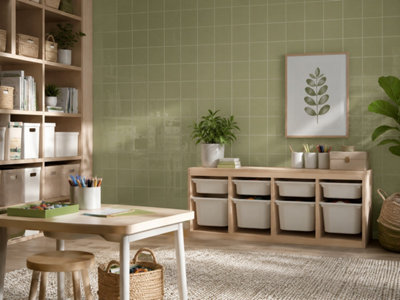 Chromara Olive Green Gloss Ceramic Wall Tiles (38 Pack- 1 Box- 0.83m2 Coverage)-Bathroom-14.8cm x 14.8cm-Colour Meets Design