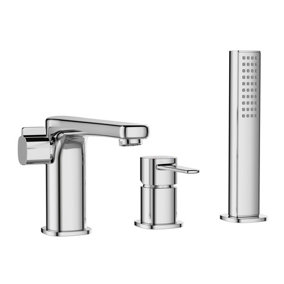 Chrome 3-Hole Bath Tap Pull Out Shower Handle Space Saving Bathroom Mixer Faucet