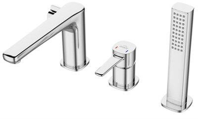 Chrome 3-Hole Bath Tap Pull Out Shower Handle Space Saving Bathroom Mixer Faucet - 3