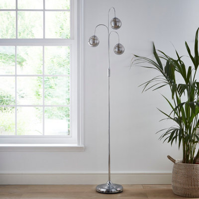 Chrome 3 light Floor lamp with smokey grey colour glass shades