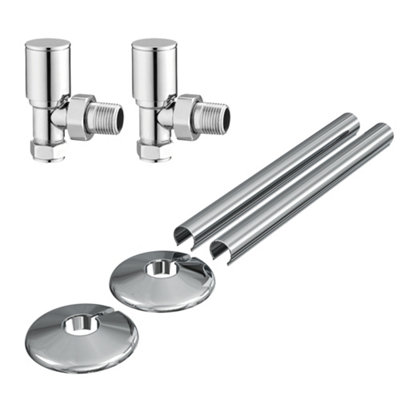 Chrome Angled Manual Radiator Valves & 15mm Pipe Covers & Collars Set ...