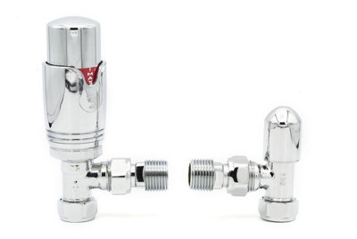 Chrome Angled Thermostatic Radiator Valve TRV and Lockshield Twin Pack for Heated Towel Rail