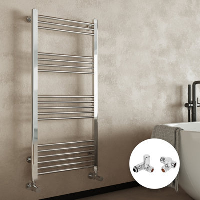 Chrome Bathroom Straight Heated Towel Rail Radiator 300 x 1600 & Dual Fuel Manual Corner Valves