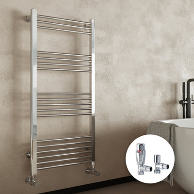 Chrome Bathroom Straight Heated Towel Rail Radiator 400 x 1600 & Angled Thermostatic Valves