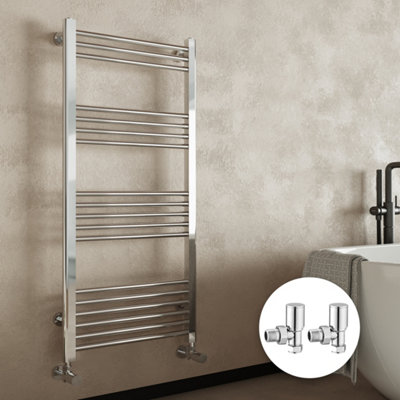 Chrome Bathroom Straight Heated Towel Rail Radiator 400 x 800 & Angled Manual Valves