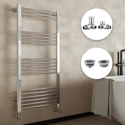 Chrome Bathroom Straight Heated Towel Rail Radiator 600 x 1000 Corner Manual Valves with Air Bleed Valve & Blanking Cap