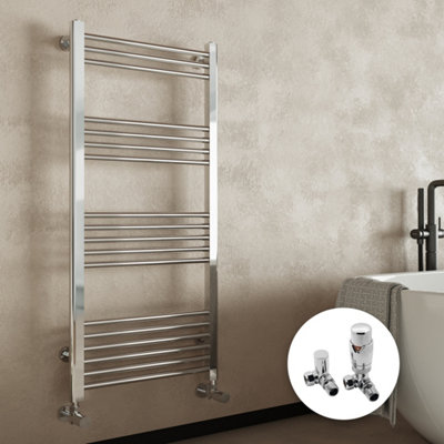 Chrome Bathroom Straight Heated Towel Rail Radiator 600 x 1000 & Corner Thermostatic Valves