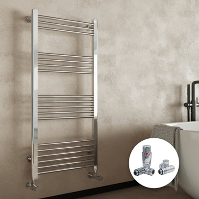 Chrome Bathroom Straight Heated Towel Rail Radiator 600 x 1000 & Dual Fuel Thermostatic Corner Valves