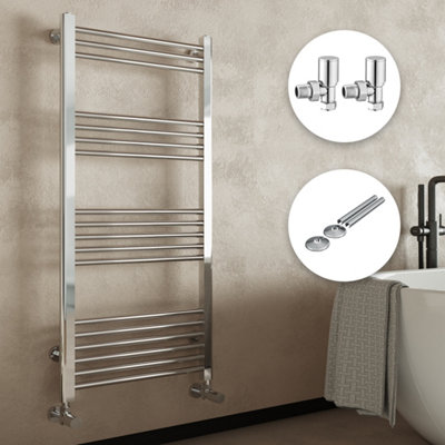 Chrome Bathroom Straight Heated Towel Rail Radiator 600 x 1200 Angled Manual Valves with Pipe Covers & Collars