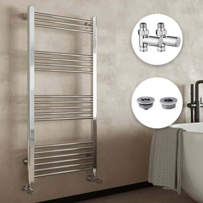 Chrome Bathroom Straight Heated Towel Rail Radiator 600 x 1200 Straight Manual Valves with Air Bleed Valve & Blanking Cap