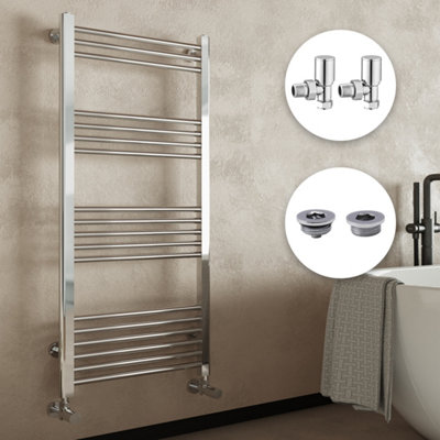 Chrome Bathroom Straight Heated Towel Rail Radiator 600 x 1400 Angled Manual Valves with Air Bleed Valve & Blanking Cap