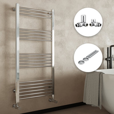 Chrome Bathroom Straight Heated Towel Rail Radiator 600 x 1400 Corner Manual Valves with Pipe Covers & Collars