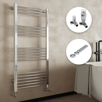 Chrome Bathroom Straight Heated Towel Rail Radiator 600 x 1400 Corner Thermostatic Valves with Pipe Covers & Collars